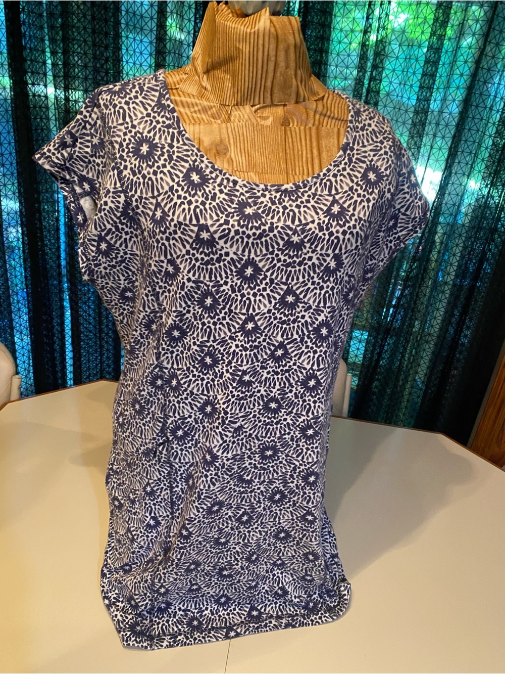 Talbots Blue and White Floral-Print Scoop Neck Mini Dress